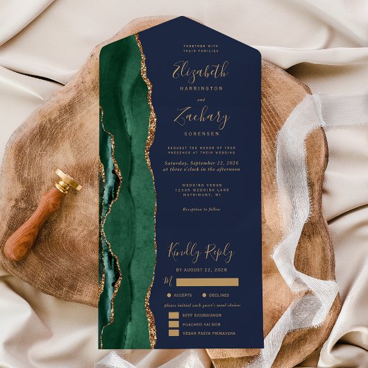 Emerald Green Agate Navy Blue Meal Options Wedding オールインワン招待状