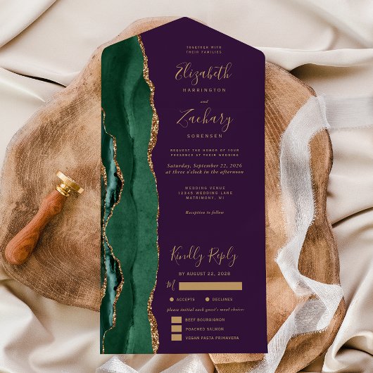Emerald Green Agate Purple Meal Options Wedding オールインワン招待状