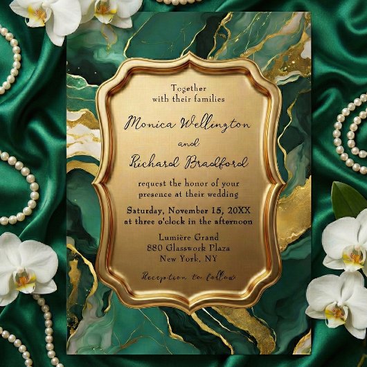 Emerald Green and Gold Agate Marble Luxury Wedding 招待状
