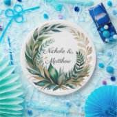 Emerald Green and Gold Floral Frame Wedding ペーパープレート (パーティー)