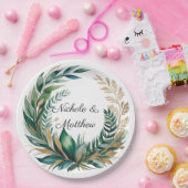 Emerald Green and Gold Floral Frame Wedding ペーパープレート (パーティー)