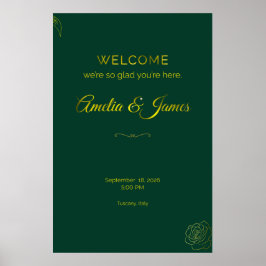 Emerald Green and Gold Leaf Wedding Welcome Sign ポスター