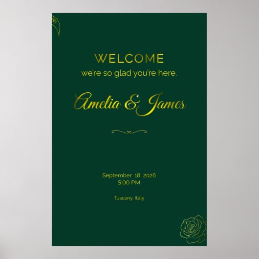 Emerald Green and Gold Leaf Wedding Welcome Sign ポスター (正面)