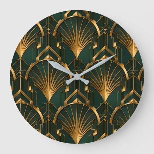 Emerald Green and Gold Luxury Art Deco Wall Clock ラージ壁時計 (正面)