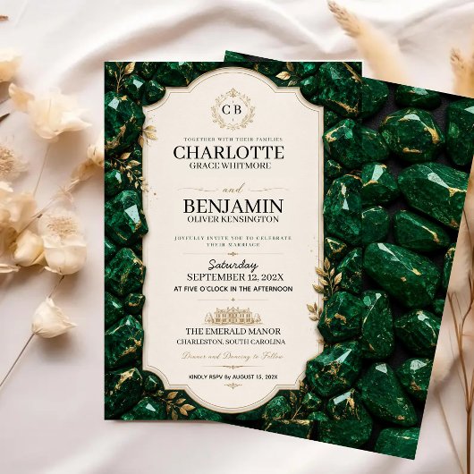 Emerald Green and Gold Luxury Gemstone 招待状