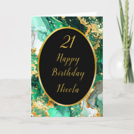 Emerald Green and Gold Marble Agate Birthday Party カード