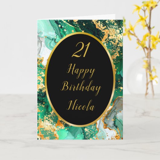 Emerald Green and Gold Marble Agate Birthday Party カード (黄色い花)