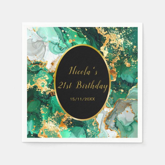 Emerald Green and Gold Marble Agate Birthday Party スタンダードカクテルナプキン (正面)
