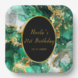 Emerald Green and Gold Marble Agate Birthday Party ペーパープレート