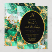 Emerald Green and Gold Marble Agate Birthday Party 招待状 (正面/裏面)