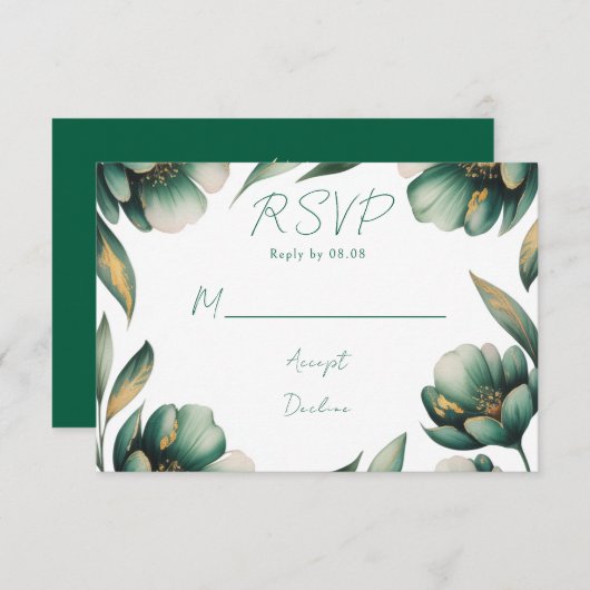 Emerald Green and Gold Rose Wedding 出欠カード (正面/裏面)