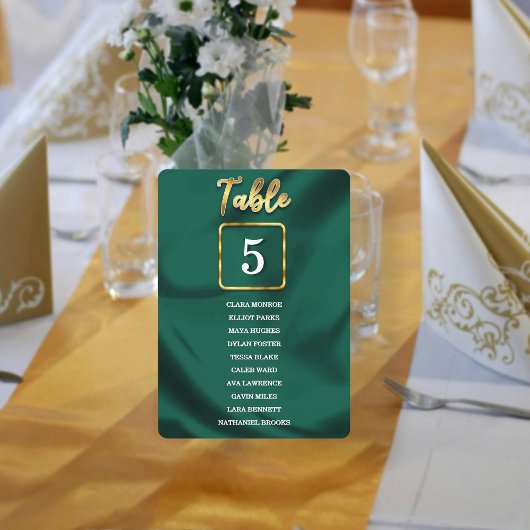 Emerald Green and Gold Table Number Seating List
