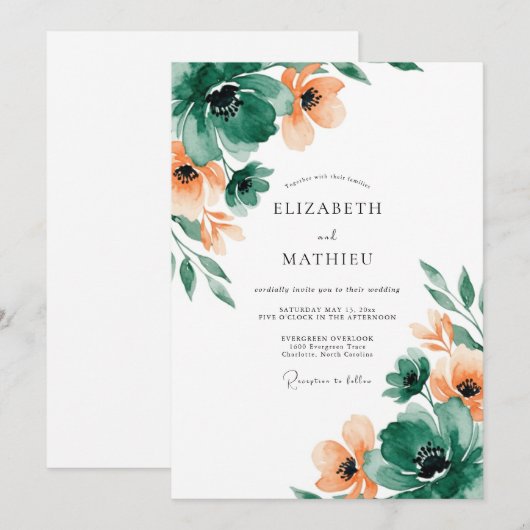 Emerald Green Artistic Spring Wedding 招待状 (正面/裏面)