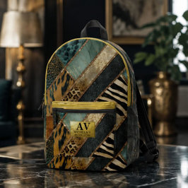 Emerald Green Black Gold Animal Print プリントバックパック