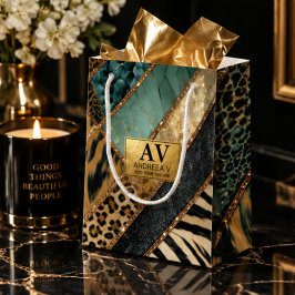 Emerald Green Black Gold Animal Print ミディアムペーパーバッグ