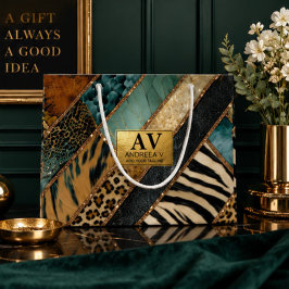 Emerald Green Black Gold Animal Print ラージペーパーバッグ