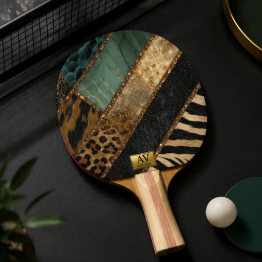 Emerald Green Black Gold Animal Print 卓球ラケット