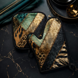 Emerald Green Black Gold Animal Print 鍋つかみ&鍋敷きセット