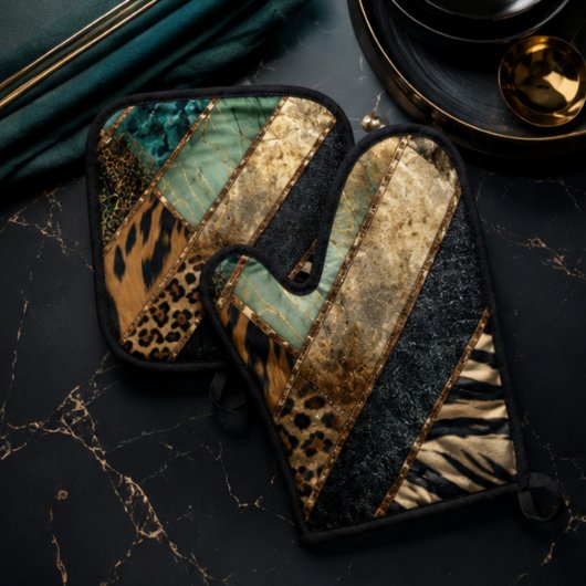 Emerald Green Black Gold Animal Print 鍋つかみ&鍋敷きセット