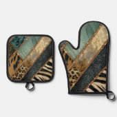 Emerald Green Black Gold Animal Print 鍋つかみ&鍋敷きセット (正面)