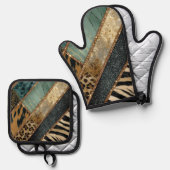 Emerald Green Black Gold Animal Print 鍋つかみ&鍋敷きセット (正面/裏面)