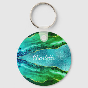 Emerald green blue agate marble name script キーホルダー