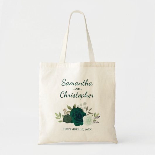 Emerald Green Boho Roses 結婚式 名前 ウェディング  トートバッグ (正面)