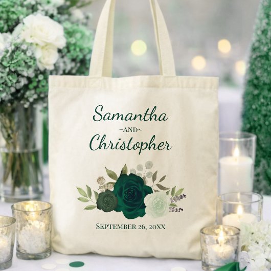 Emerald Green Boho Roses 結婚式 名前 ウェディング  トートバッグ