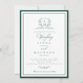 Emerald Green botanical crest monogram wedding 招待状 (正面)