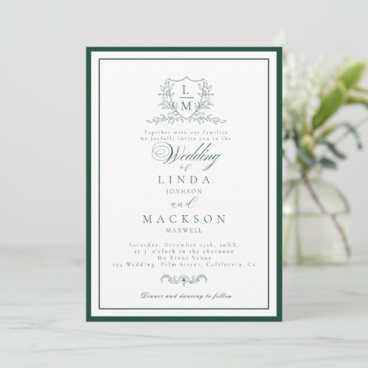 Emerald Green botanical crest monogram wedding 招待状 (スタンド正面)
