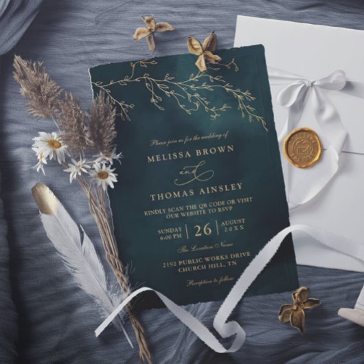 Emerald Green Botanical Elegant QR Code Wedding 招待状