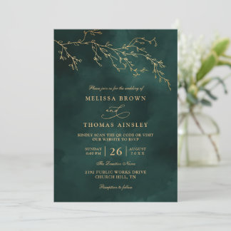 Emerald Green Botanical Elegant QR Code Wedding 招待状