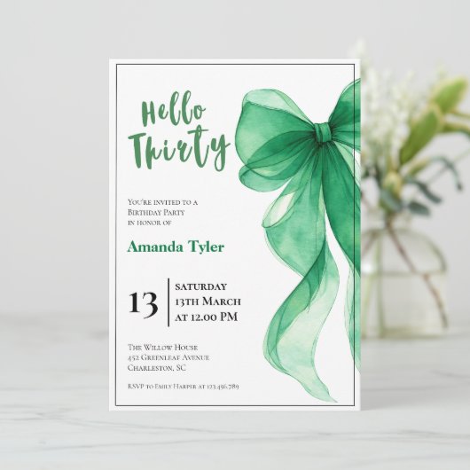 Emerald Green Bow 30th Birthday Invitation 招待状 (スタンド正面)