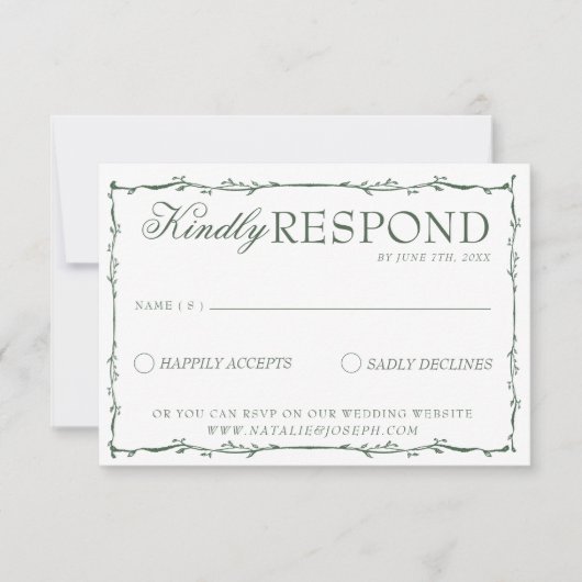 Emerald Green Branches Boho Old Money Wedding 出欠カード (正面)