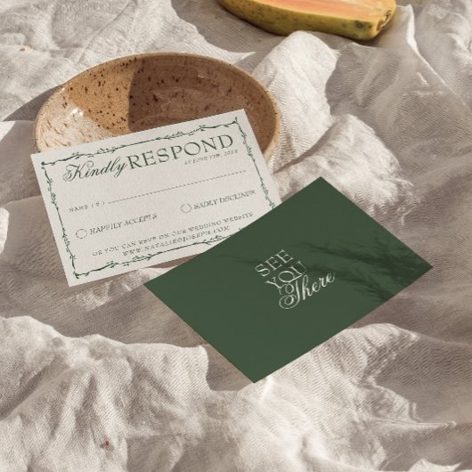 Emerald Green Branches Boho Old Money Wedding 出欠カード