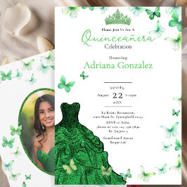 Emerald Green Butterflies Dress Photo Quinceanera 招待状