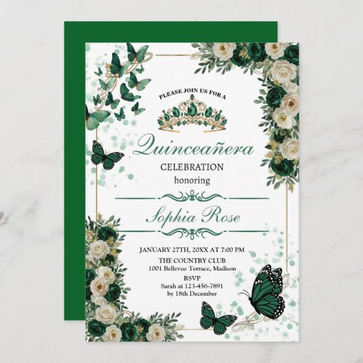 ​Emerald Green Butterfly Quinceañera Invitation 招待状 (正面/裏面)