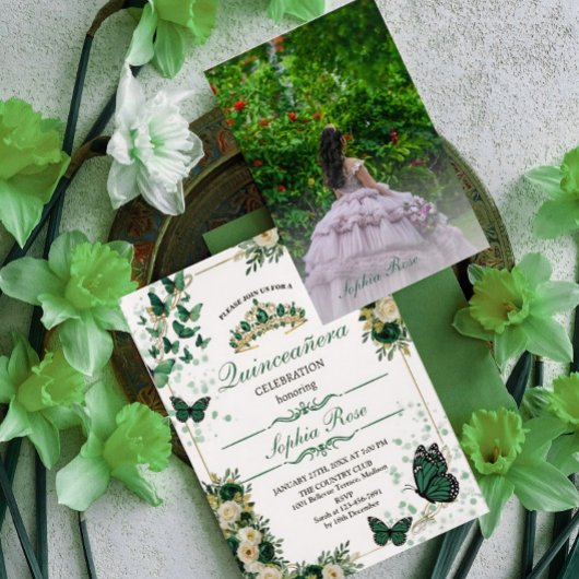 Emerald Green Butterfly Quinceañera Photo Invite 招待状