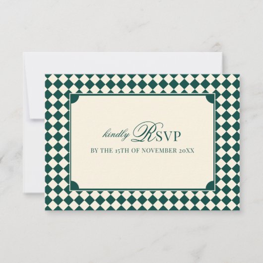 Emerald Green Checkered Old Money QR Code Wedding 出欠カード (正面)