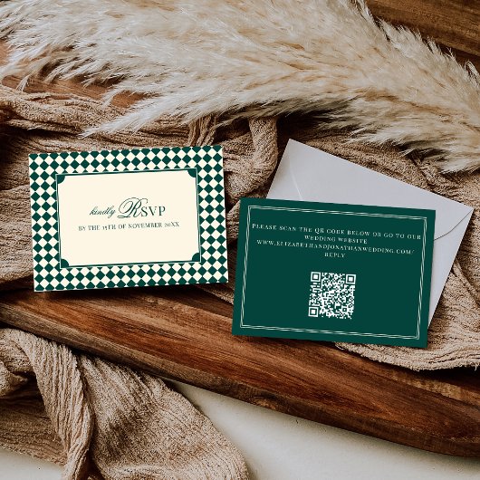 Emerald Green Checkered Old Money QR Code Wedding 出欠カード