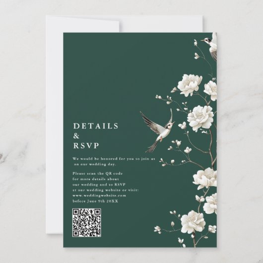 Emerald Green Chinoiserie Floral QR Code Wedding 招待状 (裏面)