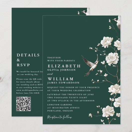Emerald Green Chinoiserie Floral QR Code Wedding 招待状 (正面/裏面)