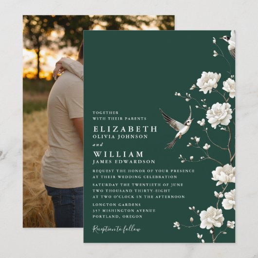 Emerald Green Chinoiserie Floral Wedding Photo 招待状 (正面/裏面)