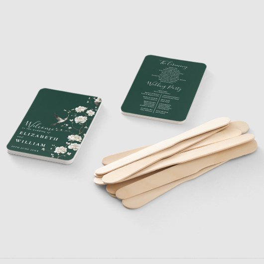 Emerald Green Chinoiserie Floral Wedding Program ハンドファン (組立なし)