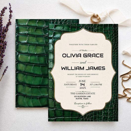 Emerald Green Crocodile Skin Luxury Gold 招待状