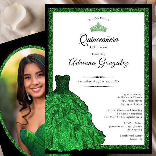 Emerald Green Dress Custom Photo Quinceanera 招待状