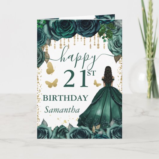 Emerald Green Dress Dark Skin Princess Birthday カード (正面)