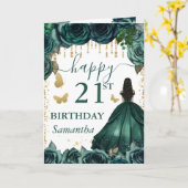 Emerald Green Dress Dark Skin Princess Birthday カード (黄色い花)