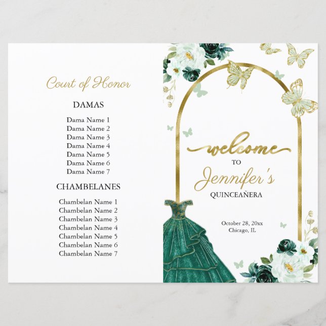 Emerald Green Dress Floral Quinceanera Programs (正面)