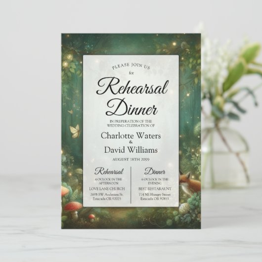 Emerald Green Enchanted Forest Rehearsal Dinner 招待状 (スタンド正面)